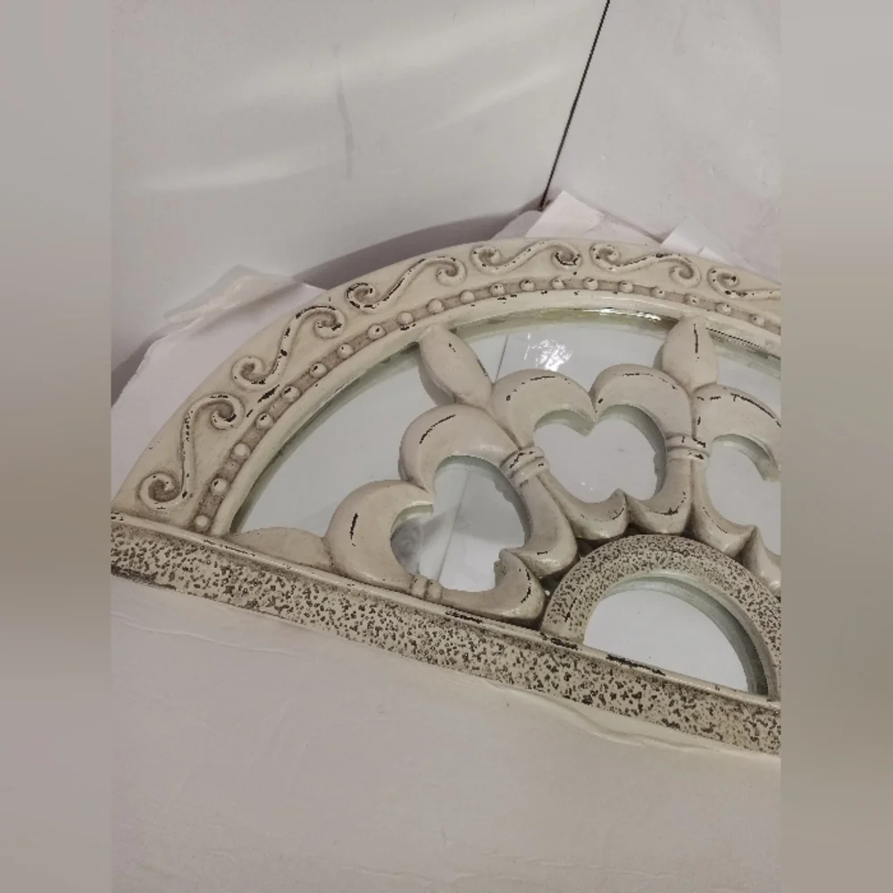 Half Moon Shape Mirror Window Distressed, Beige & Brown Metal Fleur-de-lis